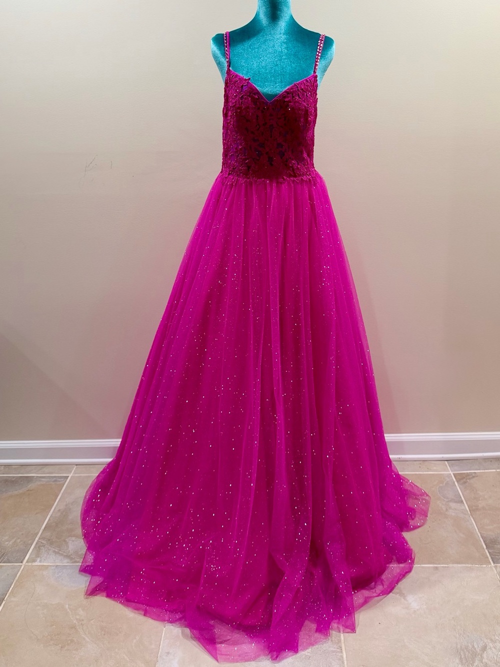 JVN by Jovani Hot Pink Beaded Tulle Ball Gown